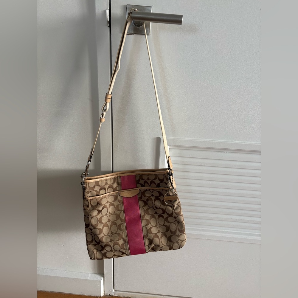 Coach Tan Signature Canvas Crossbody with Pink Center Stripe